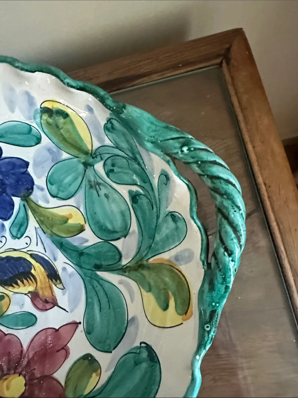 Vintage Italian Majolica Pottery 12” Serving Bowl - Hand Painted Bird & Floral